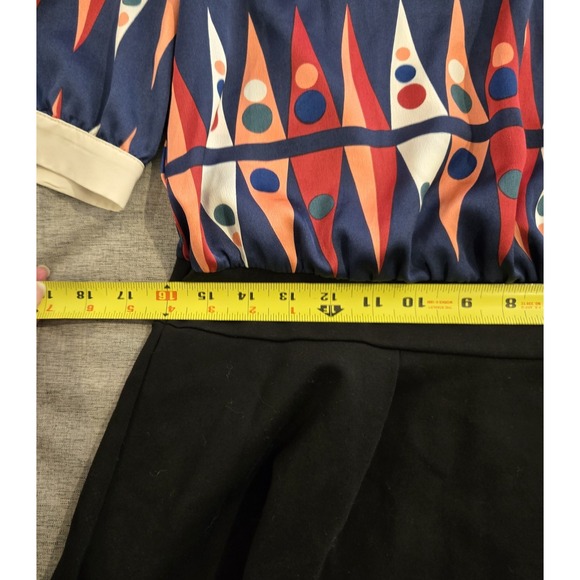 Dress Blouse Top w/ Retro Mod Design w/ Black Skirt Pearl Button Cuffs Size L - Picture 9 of 14